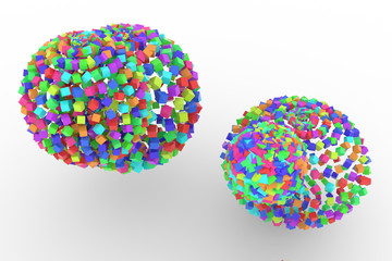 Colorful spheres from squares, modern style soft white & gray background. Digital, birthday, illustration & details.