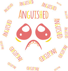 Text surrounding a face with a anguisehd or anxious gesture. Hand drawn and paper style. EPS 10 Vector Illustration.