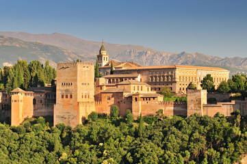 Spain Andalusia Granada View from Patio de la Acequia to Alhambra Overall view of Alcazaba City castle on the hill Sabikah. - obrazy, fototapety, plakaty