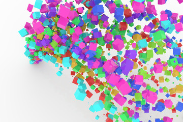 Bunch of colorful square boxes flow from the floor, modern style background or texture. Graphic, creative, messy & effect.