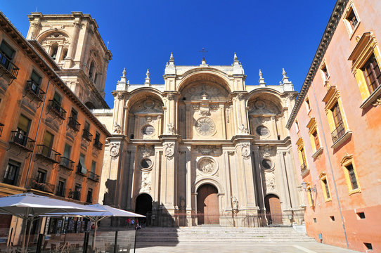 Spain, Andalusia, Granada, plaza de las Pasiegas, the Cathedral (Cathedral of the Annunciation) with its Baroque main facade dated 16th century.