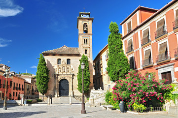 Church of Santa Ana in Plaza Nueva, Granada, Andalusia, Spain. - obrazy, fototapety, plakaty