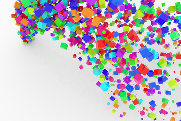 Bunch of colorful square boxes flow from the floor, modern style background or texture. Details, flying, birthday & party.