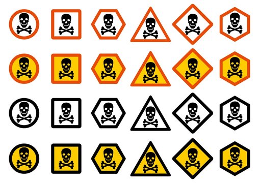 Industry concept. Set of different warning signs: chemical, radioactive, dangerous, toxic, poisonous hazard. Danger sign with skull and bones. Vector illustration.