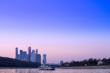 Fototapeta premium cityscape of modrn and urban skyscrapers Moscow International Business Center is Architecture and landmark of Moscow City with sweet sunset sky, Russia