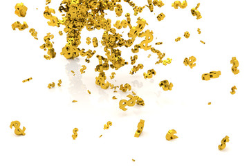 Bunch of gold money or dollar sign flow from the floor, modern style background or texture. Earnings, profit, effect & creative.