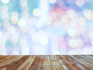 Wooden floor textured pattern with bokeh wall backdrop