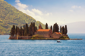 Sunny Mediterranean landscape. Montenegro, view of Bay of Kotor and Saint George island