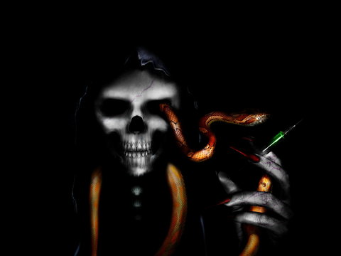 horror drug dealer like devil with temptation snake offers death