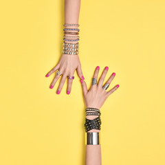 Fashion. Female hand, Trendy Jewelry. Friendship