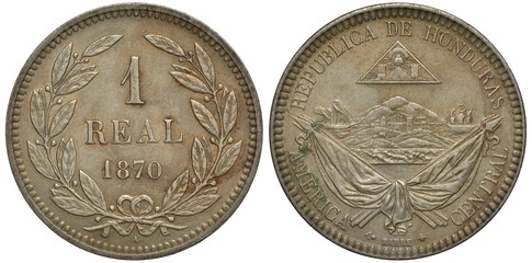 Honduras coin 1 one real 1870, value and date flanked by laurel branches, city on hill flanked by two sailing ships, mountain behind, crossed flags in front, 