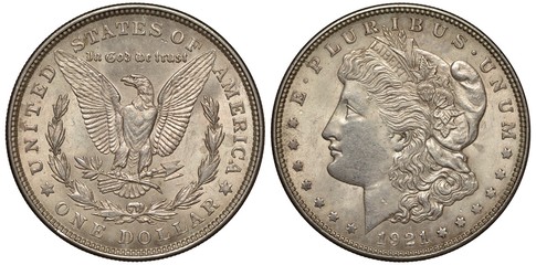 United States US silver coin 1 one dollar 1921, eagle holding olive branch and bunch of arrows flanked by laurel sprigs, Liberty head left flanked by stars,
