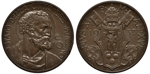 Vatican City coin 10 ten centesimi 1937, Saint Peter’s head right, papal arms, eagle within shield, tiara and crossed keys above, © Yaroslav