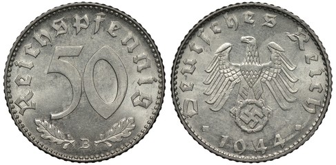 Germany German aluminum coin 50 fifty pfennig 1944, last but one year of Nazi regime of Third...