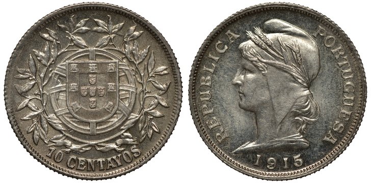 Portugal Portuguese silver coin 10 ten centavos 1915, arms, shield in front of stylized globe within circular floral wreath, face value below, female head in liberty cap decorated with grain stalks 