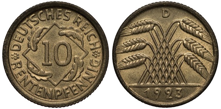 Germany German coin 10 ten rentenpfennig 1923, value surrounded by oak leaves, grain stalks forming pyramid, - Powered by Adobe