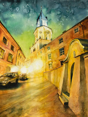 Trinity tower (Wieza Trynitarska) at night in Lublin old town, Poland.Picture created with watercolors. - obrazy, fototapety, plakaty