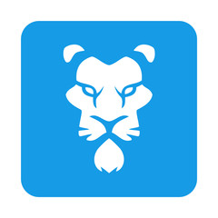 Icono plano cara leon espacio negativo en cuadrado azul