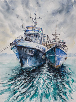 Two fishing boats before a storm anchored in harbor. Picture created with watercolors.