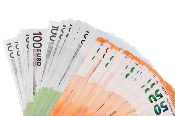 Geldscheine / Fünfzig und Einhundert Euroscheine auf hellem Hintergrund