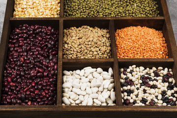 Assortment of beans (red lentil, green lentil, chickpea, peas, red beans, white beans, mix beans, mung bean)