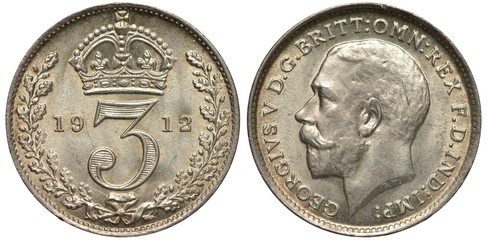United Kingdom, British coin three pence 1912, crown over three, oak leaves an acorns at sides, , head of King George V left, silver,