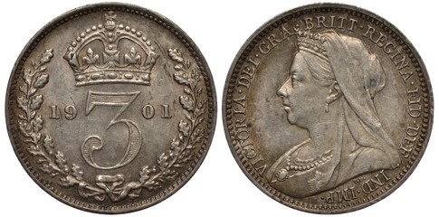 United Kingdom, British coin three pence 1901, crown over three, oak leaves an acorns at sides,...