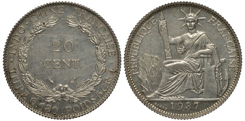 French Indochina coin twenty centimes 1937, inscription in French of alloy and weight, circular wreath, denomination at center, wheat, seated Liberty holding fascine and helm, anchor behind, silver,