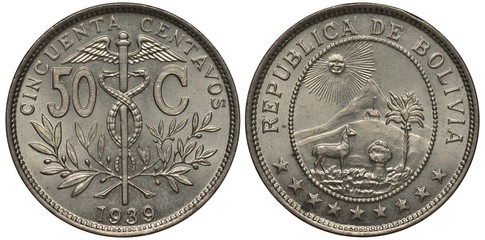 Bolivia, Bolivian coin fifty centavos 1939, caduceus, branches with leaves behind, llama, sheaf on field, tree, cabin on the hill, mountain behind, sun above mountain,