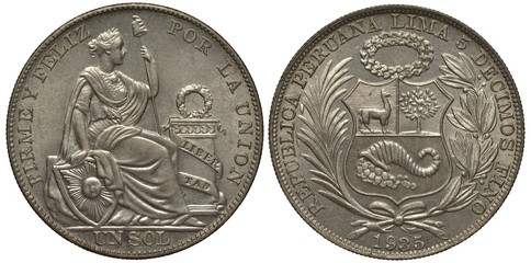 Peru, Peruvian coin one sol 1935, inscription in Spanish Firm and happy for the union, seated...
