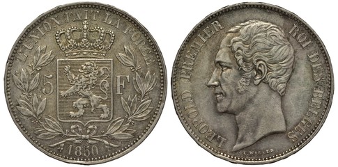 Belgium, Belgian coin five francs 1850, arms, shield with lion surrounded by laurel leaves, crown on top, inscription in French Union makes force above, Leopold I head left, silver,