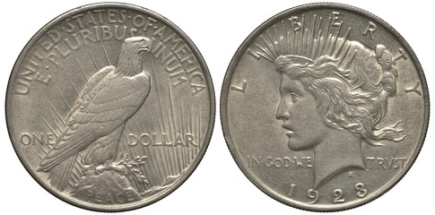 United States silver coin one dollar 1928, eagle, peace, sun rays, liberty head left, flowing hair, silver, 