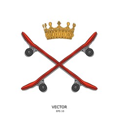 An image of the crown and skateboards. Can be used for printing on T-shirts, flyers, etc. Vector illustration
