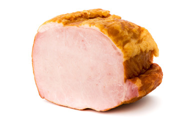 Piece of smoked meat on a white, close up. Isolated