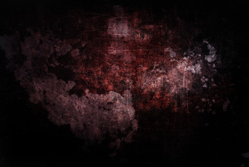 Black dirty background with red stains and scratches
