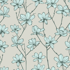 Seamless pattern. Almond blossom branches. Vintage botanical hand drawn illustration. Spring flowers of apple or cherry tree.