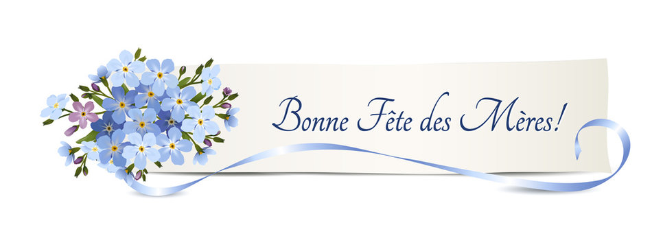 Vergissmeinnicht Blumen zum Muttertag, 
Banner mit &bdquo;Bonne F&ecirc;te des M&egrave;res&ldquo;,
Vektor Illustration isoliert auf wei&szlig;em Hintergrund