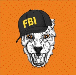 Portrait of a leopard in the cap of an FBI agent. Can be used for printing on T-shirts, flyers and stuff. Vector illustration