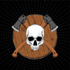 skull with medieval shield and crossed axes. Can be used for printing on T-shirts, flyers and stuff. Vector illustration