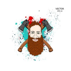 portrait of a lumberjack with axes. vector illustration