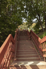 Wooden staircase in the summer Park.