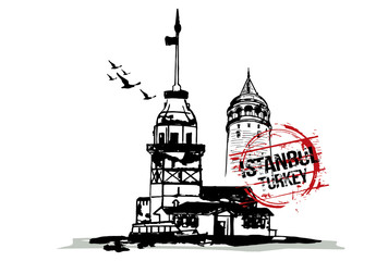 The Maiden's Tower (Kiz Kulesi) and Galata Tower. Istanbul, Turkey city design. Hand drawn illustration.