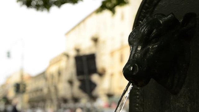 Turin, Piedmont region, Italy. May 2018. The symbolic fountain of Turin, the torello or turet in Piedmontese. They are found in every corner of the city, almost always colored green, sometimes gray