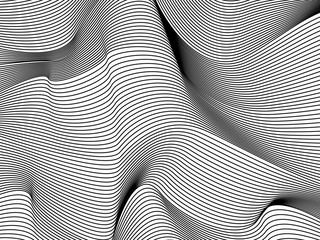 Wavy background of lines. Monochrome dynamic surface with effect of optical illusion. Vector.