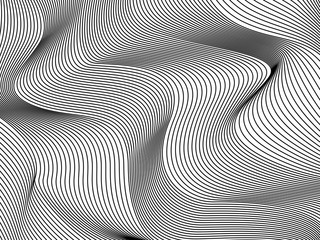 Wavy background of lines. Monochrome dynamic surface with effect of optical illusion. Vector.