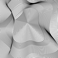 Wavy background of lines. Monochrome dynamic surface with effect of optical illusion. Vector.