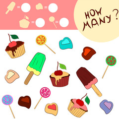 Counting game for preschool children. Count the sweets in the picture and write down the result. 