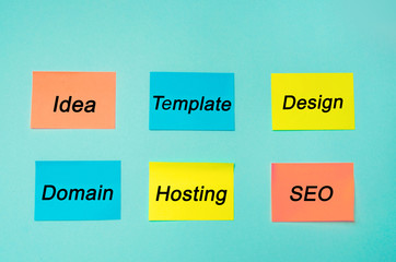 Website plan and project. SEO process information flow chart, design scheme, business concept. profession programmer. Stickers in blue background