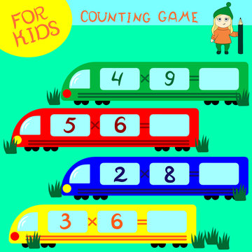 Counting game for preschool children. Multi-colored trains. Decide examples. 
