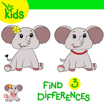 Play  on children's attention. Find differences in two pictures. Baby elephant.  